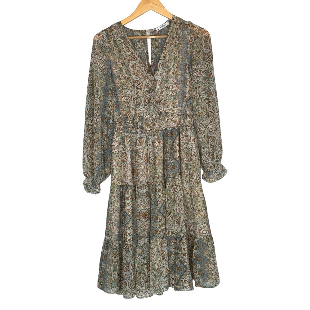 Vintage Sheer Tiered Paisley Dress Midi Boho Womens Small Long Sleeve Fall